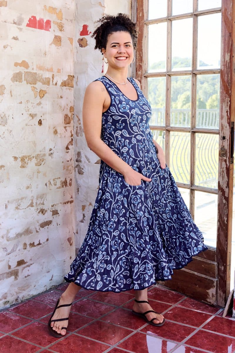Womens, midi, Flamenco Dress, sleeveless, 100% Cotton, hand block print. Natural Blue - Indigo Suri