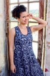 Womens, midi, Flamenco Dress, sleeveless, 100% Cotton, hand block print. Natural Blue - Indigo Suri
