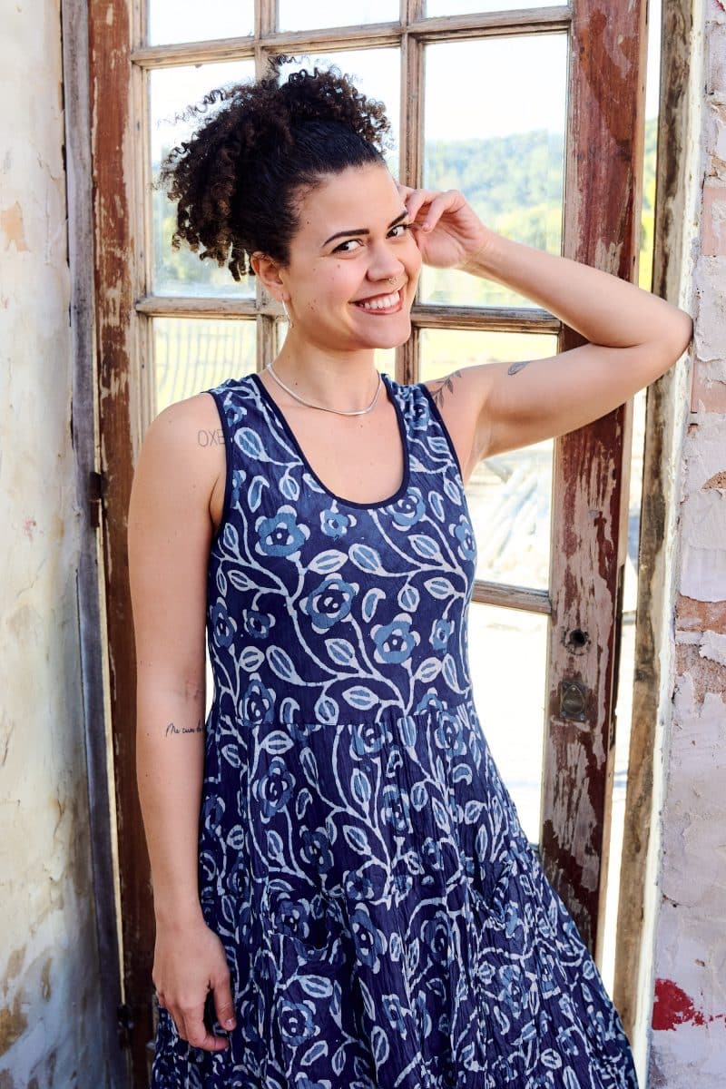 Womens, midi, Flamenco Dress, sleeveless, 100% Cotton, hand block print. Natural Blue - Indigo Suri