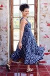 Womens, midi, Flamenco Dress, sleeveless, 100% Cotton, hand block print. Natural Blue - Indigo Suri