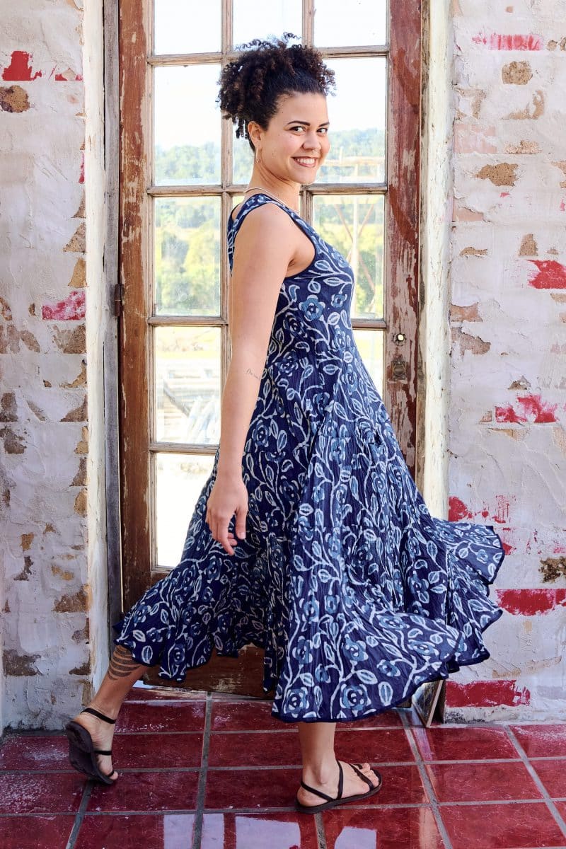 Womens, midi, Flamenco Dress, sleeveless, 100% Cotton, hand block print. Natural Blue - Indigo Suri