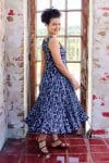 Womens, midi, Flamenco Dress, sleeveless, 100% Cotton, hand block print. Natural Blue - Indigo Suri