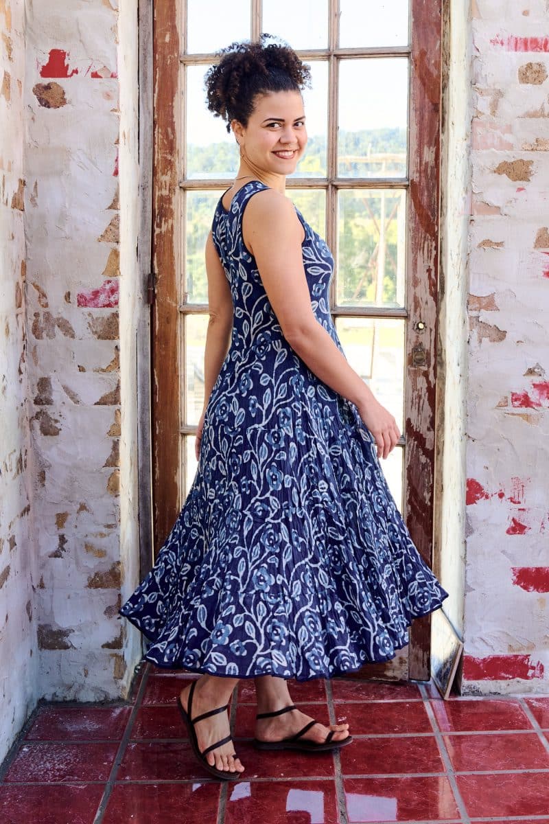 Womens, midi, Flamenco Dress, sleeveless, 100% Cotton, hand block print. Natural Blue - Indigo Suri