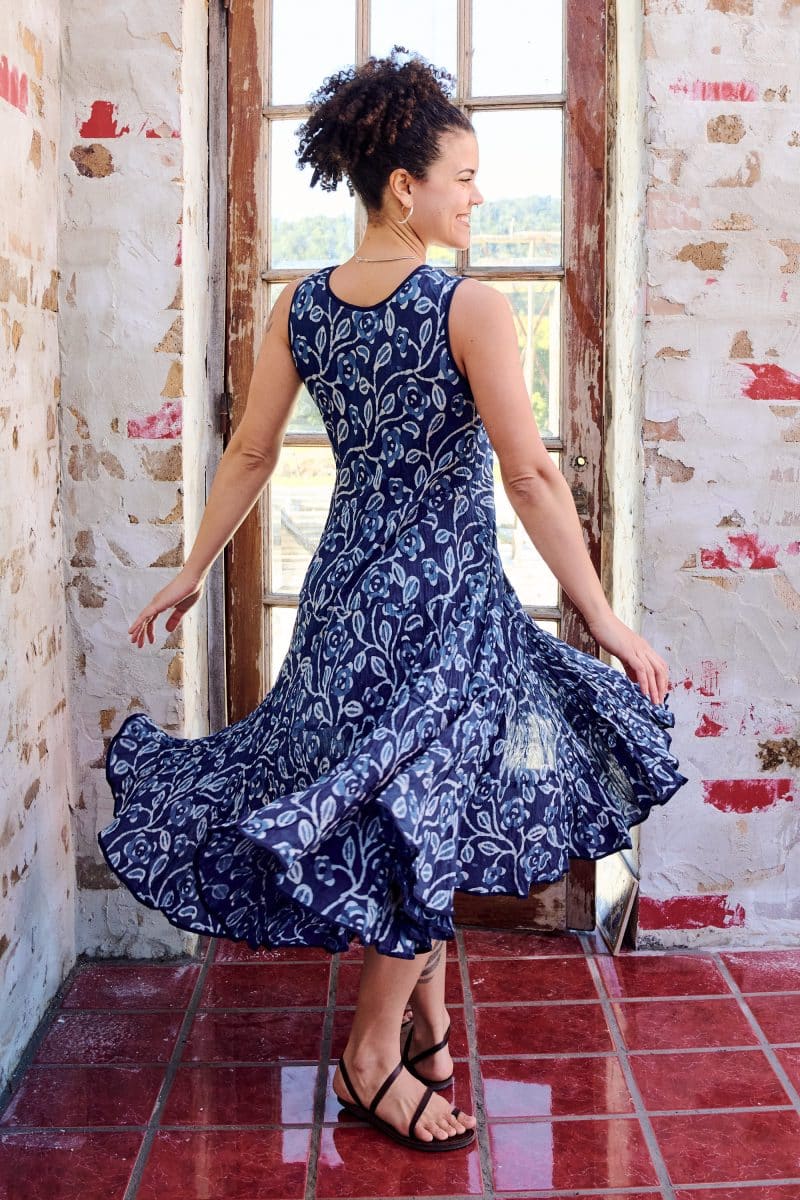 Womens, midi, Flamenco Dress, sleeveless, 100% Cotton, hand block print. Natural Blue - Indigo Suri