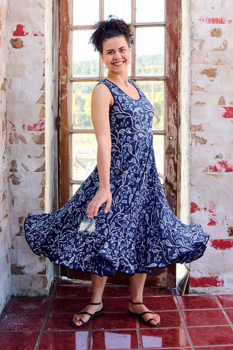Womens, midi, Flamenco Dress, sleeveless, 100% Cotton, hand block print. Natural Blue - Indigo Suri