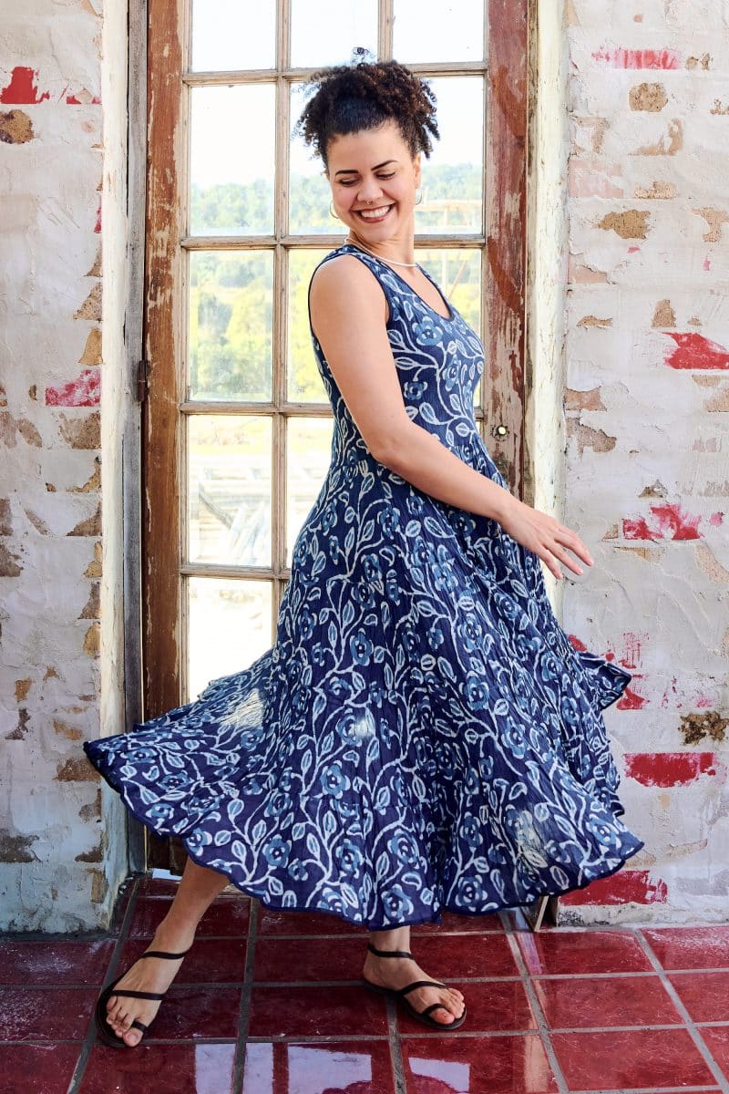Womens, midi, Flamenco Dress, sleeveless, 100% Cotton, hand block print. Natural Blue - Indigo Suri