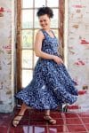 Womens, midi, Flamenco Dress, sleeveless, 100% Cotton, hand block print. Natural Blue - Indigo Suri