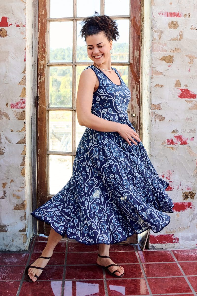 Womens, midi, Flamenco Dress, sleeveless, 100% Cotton, hand block print. Natural Blue - Indigo Suri