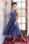 Womens, midi, Flamenco Dress, sleeveless, 100% Cotton, hand block print. Natural Blue - Indigo Suri