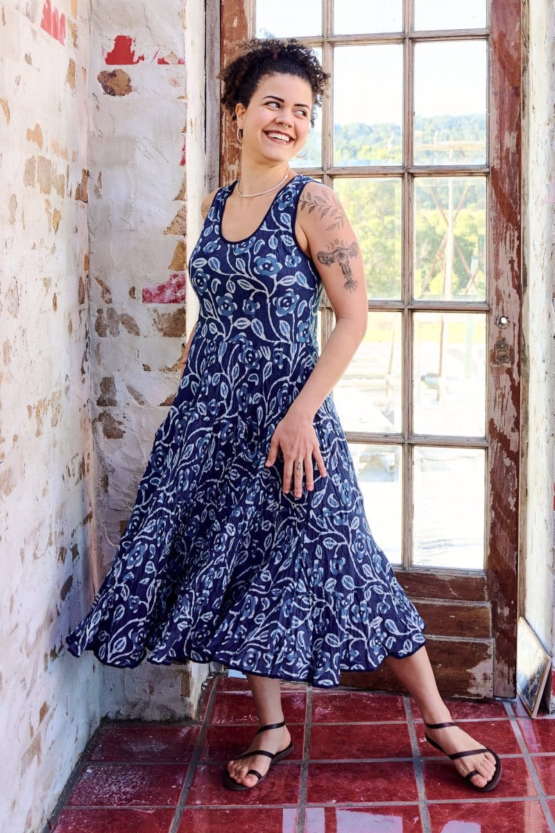 Womens, midi, Flamenco Dress, sleeveless, 100% Cotton, hand block print. Natural Blue - Indigo Suri