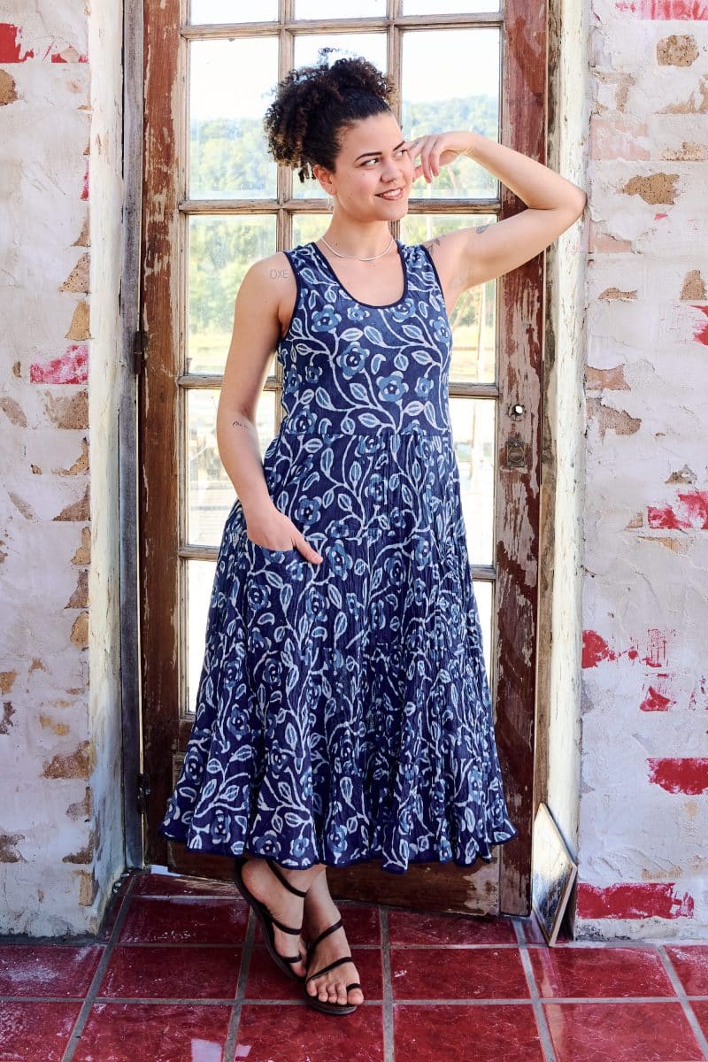 Womens, midi, Flamenco Dress, sleeveless, 100% Cotton, hand block print. Natural Blue - Indigo Suri