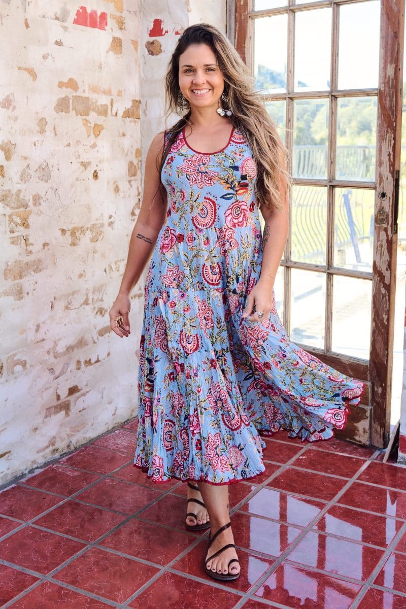 Womens, midi, Flamenco Dress, sleeveless, 100% Cotton, hand block print. Summer Floral - Paradise