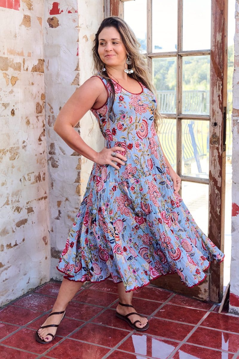 Womens, midi, Flamenco Dress, sleeveless, 100% Cotton, hand block print. Summer Floral - Paradise