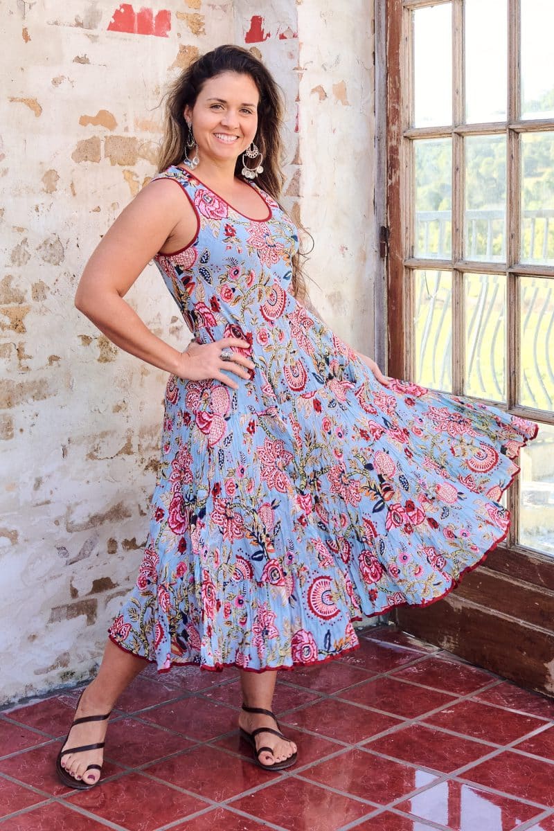 Womens, midi, Flamenco Dress, sleeveless, 100% Cotton, hand block print. Summer Floral - Paradise