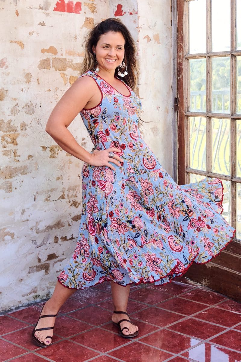 Womens, midi, Flamenco Dress, sleeveless, 100% Cotton, hand block print. Summer Floral - Paradise