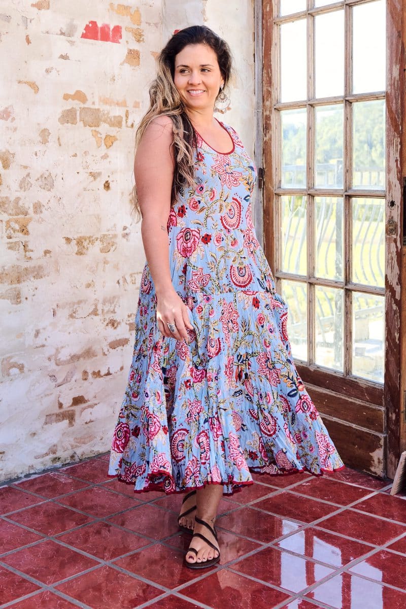 Womens, midi, Flamenco Dress, sleeveless, 100% Cotton, hand block print. Summer Floral - Paradise