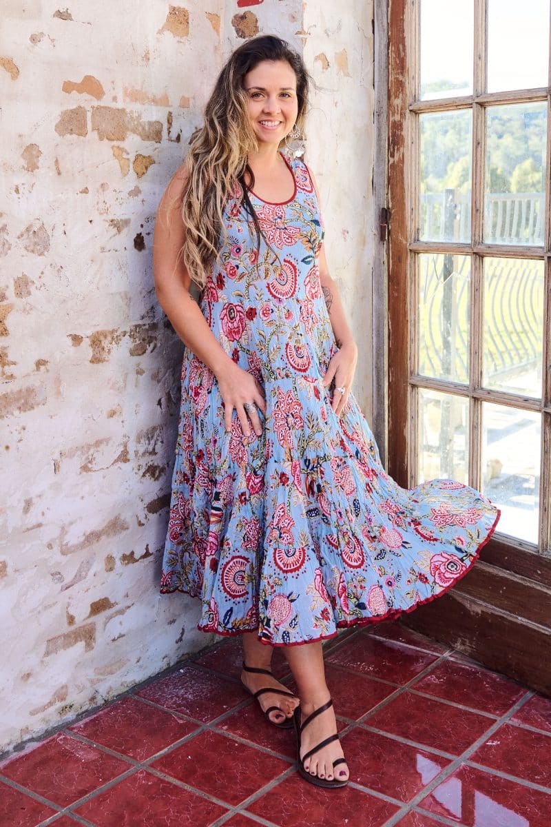 Womens, midi, Flamenco Dress, sleeveless, 100% Cotton, hand block print. Summer Floral - Paradise