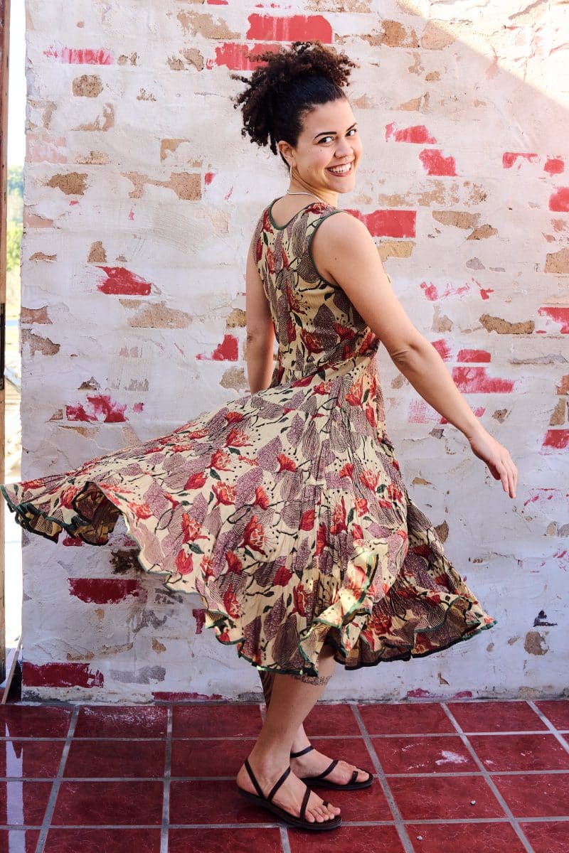 Womens, midi, Flamenco Dress, sleeveless, 100% Cotton, hand block print. Sepia with flora print - Saya