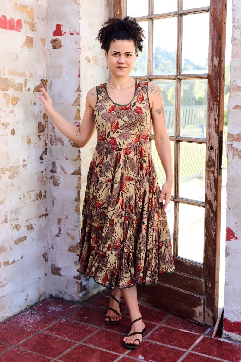Womens, midi, Flamenco Dress, sleeveless, 100% Cotton, hand block print. Sepia with flora print - Saya