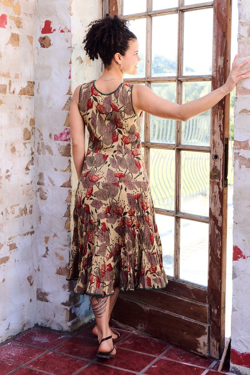 Womens, midi, Flamenco Dress, sleeveless, 100% Cotton, hand block print. Sepia with flora print - Saya