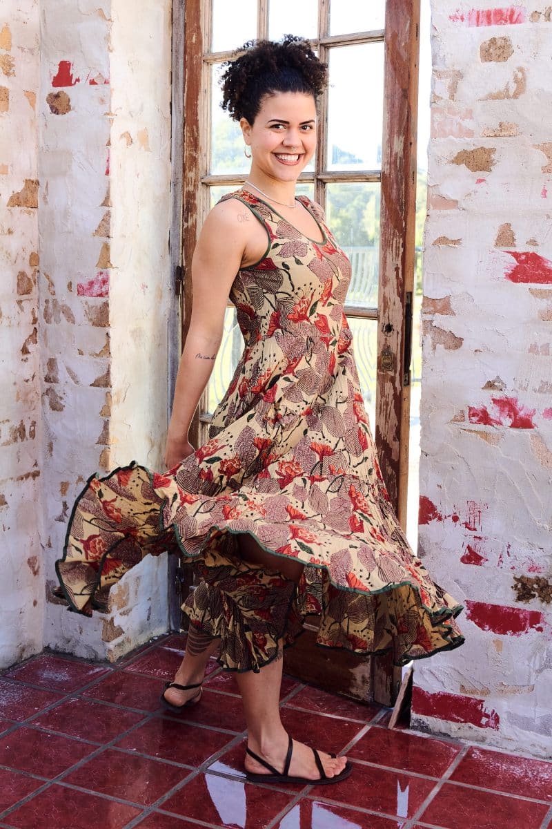 Womens, midi, Flamenco Dress, sleeveless, 100% Cotton, hand block print. Sepia with flora print - Saya