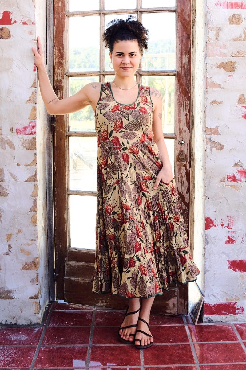 Womens, midi, Flamenco Dress, sleeveless, 100% Cotton, hand block print. Sepia with flora print - Saya