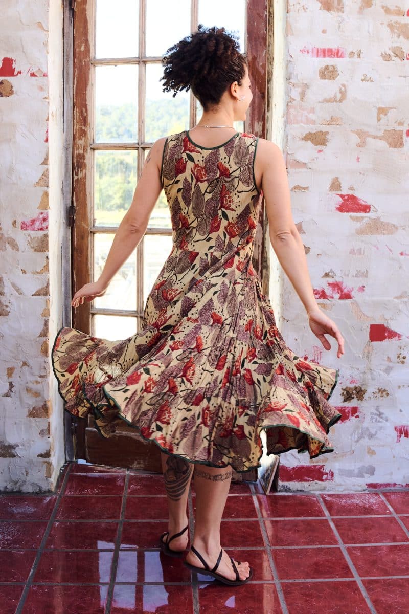 Womens, midi, Flamenco Dress, sleeveless, 100% Cotton, hand block print. Sepia with flora print - Saya