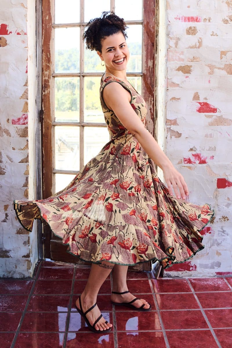 Womens, midi, Flamenco Dress, sleeveless, 100% Cotton, hand block print. Sepia with flora print - Saya