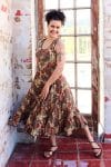 Womens, midi, Flamenco Dress, sleeveless, 100% Cotton, hand block print. Sepia with flora print - Saya