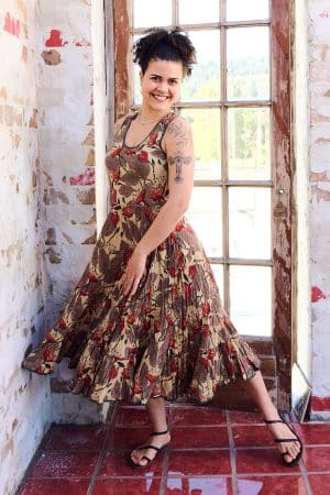 Womens, midi, Flamenco Dress, sleeveless, 100% Cotton, hand block print. Sepia with flora print - Saya
