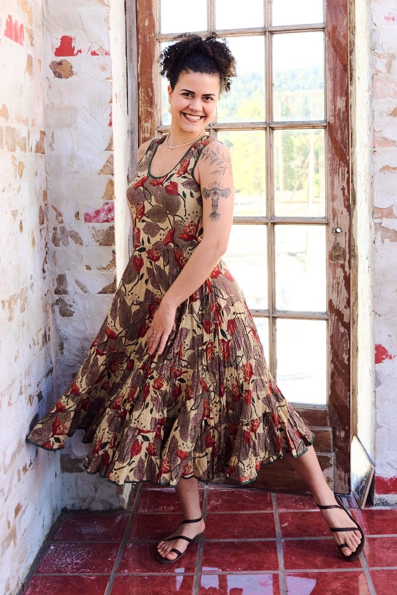 Womens, midi, Flamenco Dress, sleeveless, 100% Cotton, hand block print. Sepia with flora print - Saya