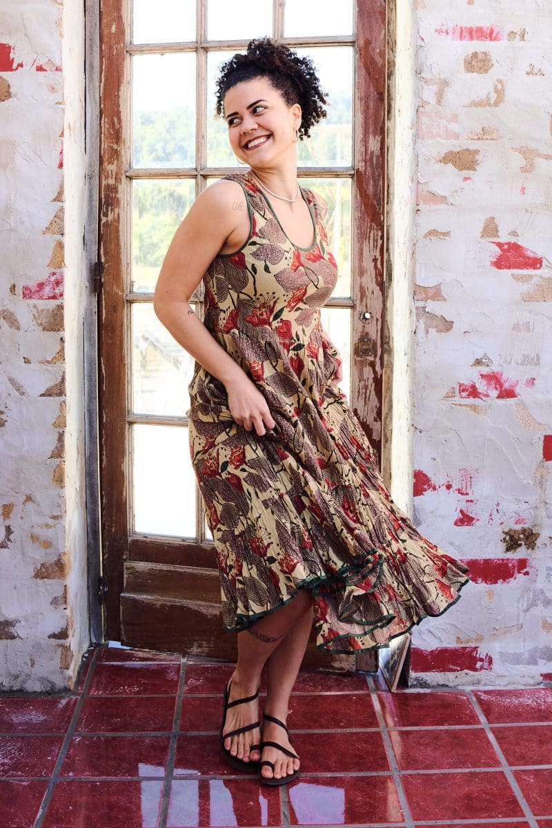 Womens, midi, Flamenco Dress, sleeveless, 100% Cotton, hand block print. Sepia with flora print - Saya
