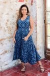 Womens, midi, Flamenco Dress, sleeveless, 100% Cotton, hand block print. Natural Blue - Indigo Yantra
