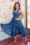 Womens, midi, Flamenco Dress, sleeveless, 100% Cotton, hand block print. Natural Blue - Indigo Yantra