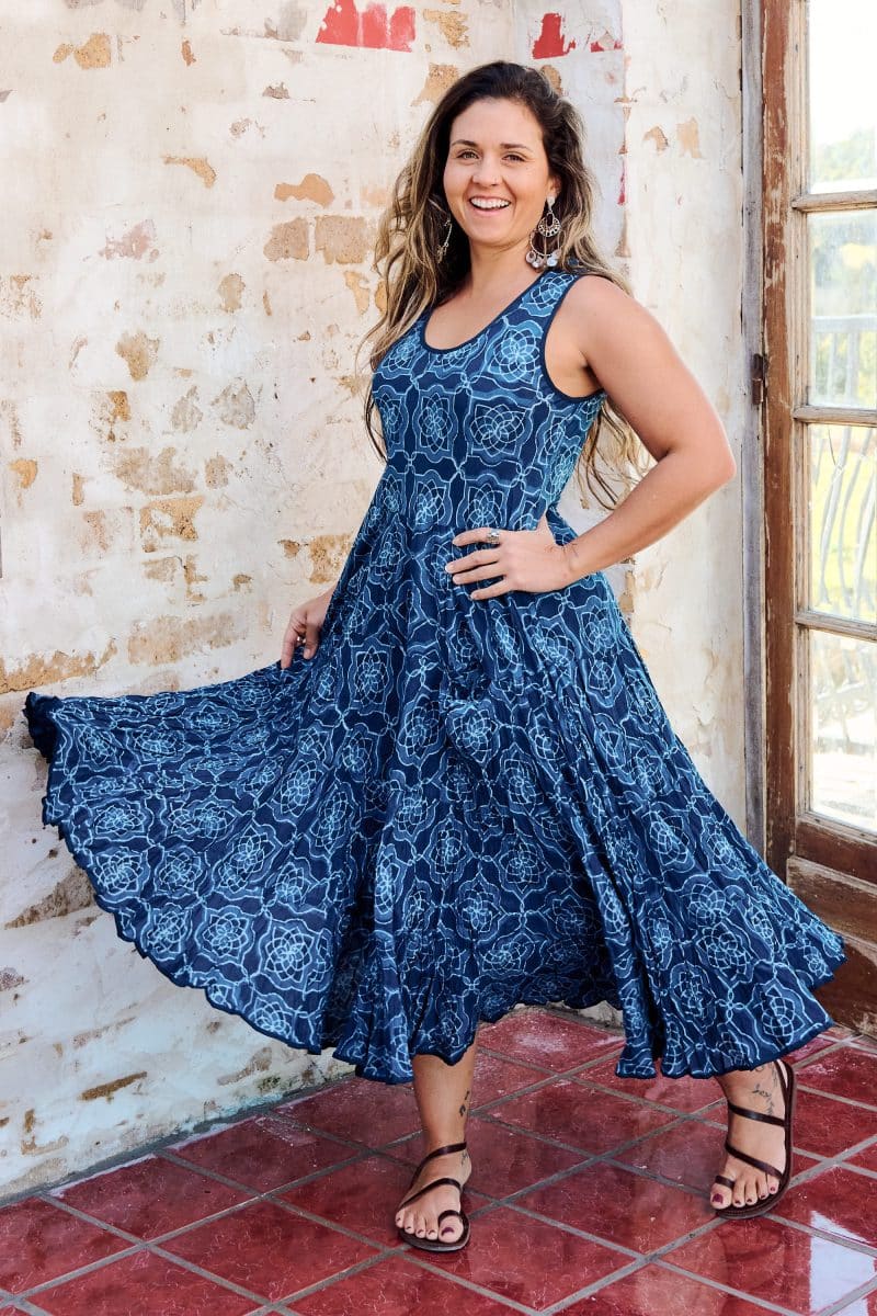 Womens, midi, Flamenco Dress, sleeveless, 100% Cotton, hand block print. Natural Blue - Indigo Yantra