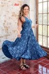 Womens, midi, Flamenco Dress, sleeveless, 100% Cotton, hand block print. Natural Blue - Indigo Yantra