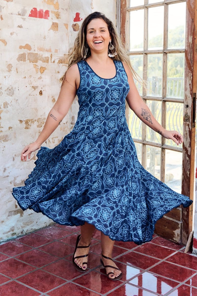 Womens, midi, Flamenco Dress, sleeveless, 100% Cotton, hand block print. Natural Blue - Indigo Yantra