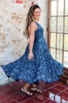 Womens, midi, Flamenco Dress, sleeveless, 100% Cotton, hand block print. Natural Blue - Indigo Yantra