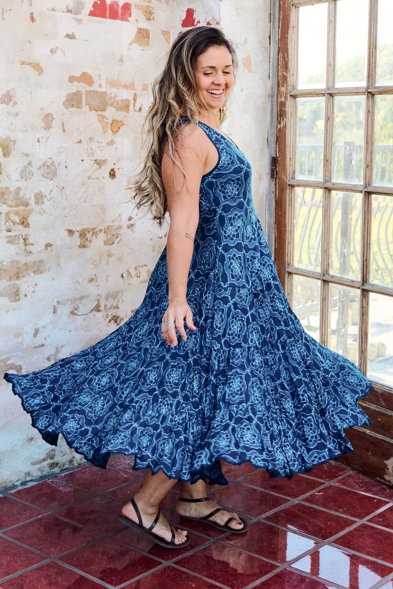 Womens, midi, Flamenco Dress, sleeveless, 100% Cotton, hand block print. Natural Blue - Indigo Yantra