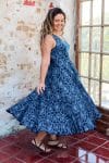 Womens, midi, Flamenco Dress, sleeveless, 100% Cotton, hand block print. Natural Blue - Indigo Yantra