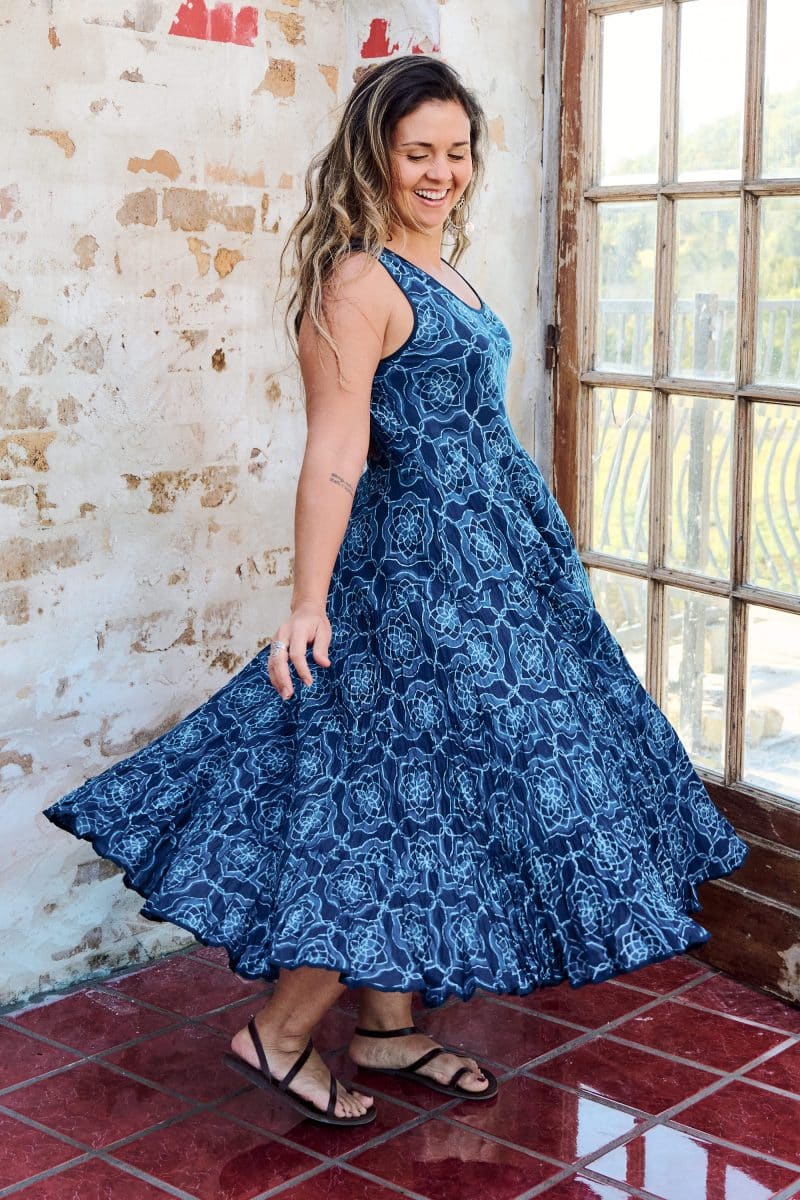 Womens, midi, Flamenco Dress, sleeveless, 100% Cotton, hand block print. Natural Blue - Indigo Yantra