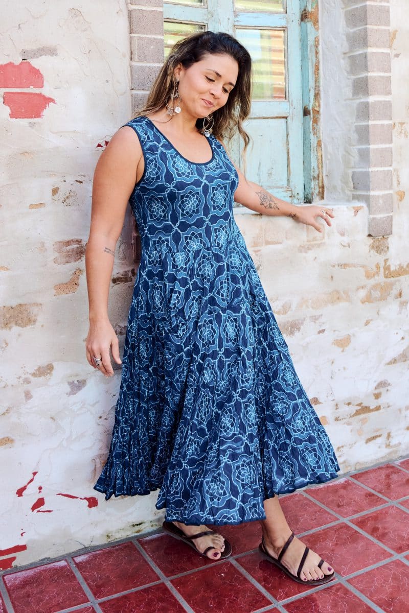 Womens, midi, Flamenco Dress, sleeveless, 100% Cotton, hand block print. Natural Blue - Indigo Yantra