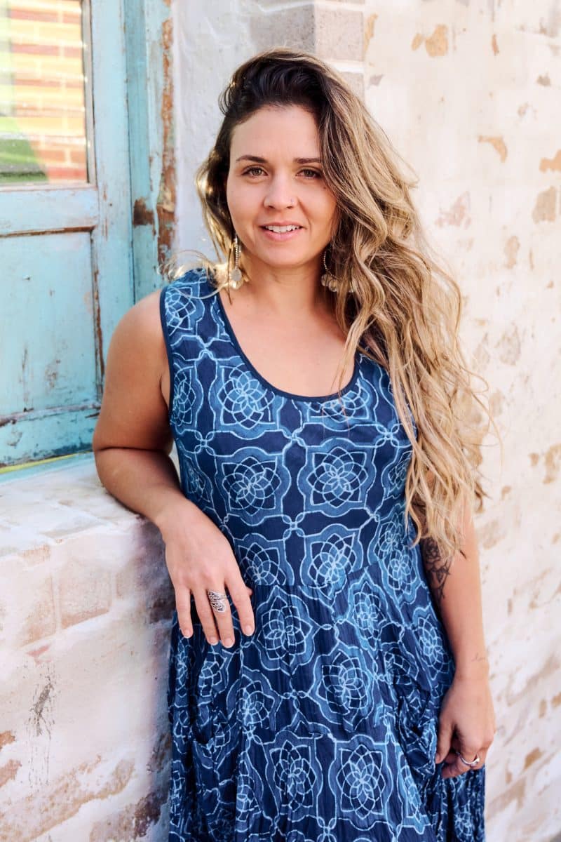 Womens, midi, Flamenco Dress, sleeveless, 100% Cotton, hand block print. Natural Blue - Indigo Yantra