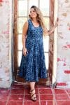 Womens, midi, Flamenco Dress, sleeveless, 100% Cotton, hand block print. Natural Blue - Indigo Yantra