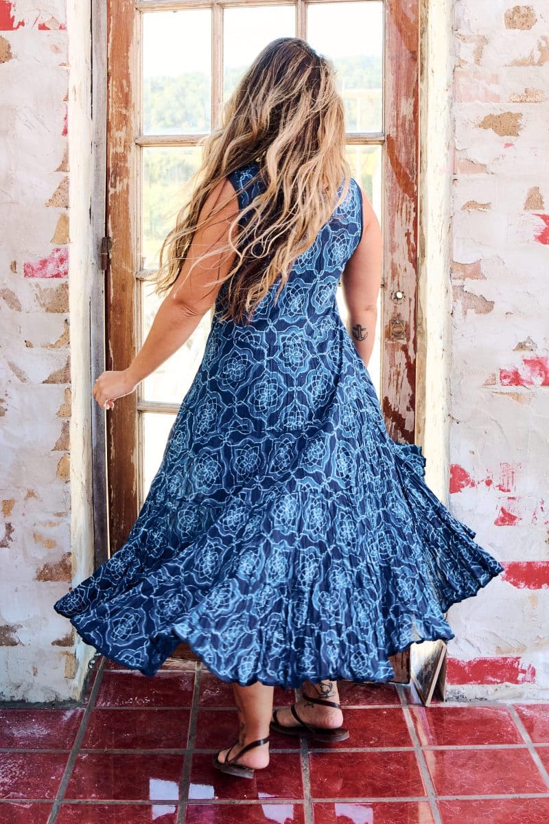 Womens, midi, Flamenco Dress, sleeveless, 100% Cotton, hand block print. Natural Blue - Indigo Yantra