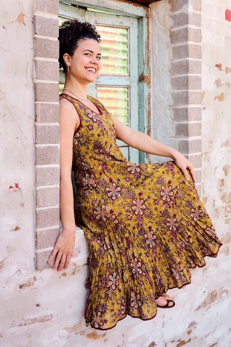 Womens, midi, Flamenco Dress, sleeveless, 100% Cotton, hand block print. Autumn Floral - Solandra