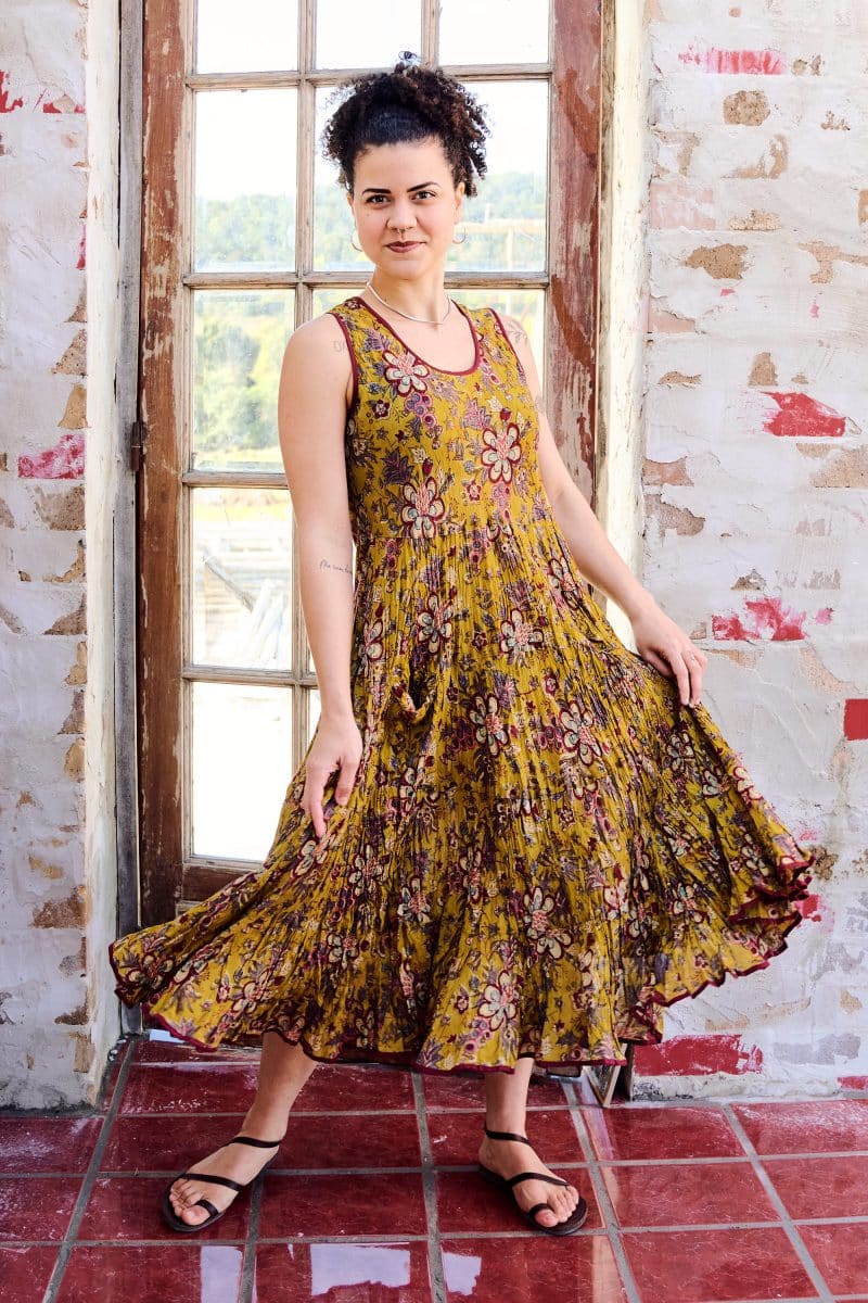Womens, midi, Flamenco Dress, sleeveless, 100% Cotton, hand block print. Autumn Floral - Solandra