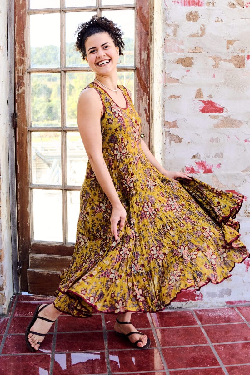 Womens, midi, Flamenco Dress, sleeveless, 100% Cotton, hand block print. Autumn Floral - Solandra