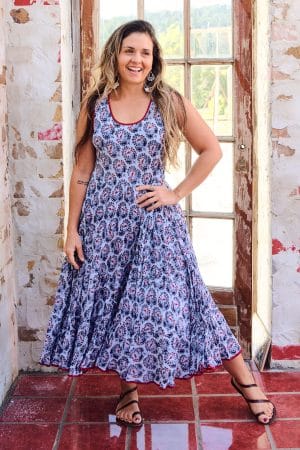 Womens, midi, Flamenco Dress, sleeveless, 100% Cotton, hand block print. Saphire blue - Saphira