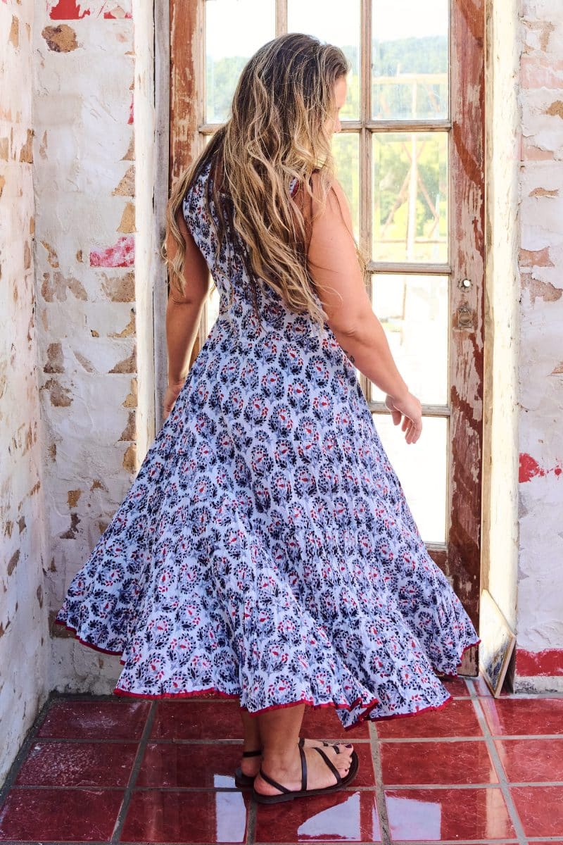 Womens, midi, Flamenco Dress, sleeveless, 100% Cotton, hand block print. Saphire blue - Saphira